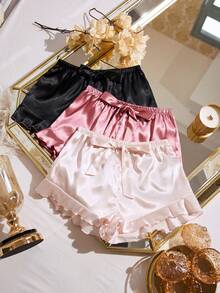LuxeNights 3pcs/Set Satin Bow Tie Ruffle Hem Women's Loungewear Bottoms - Multicolor - View 1
