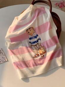 Comfortcana Women's Striped And Cartoon Pattern Colorblock Trim Sleeveless Knit Vest - Pink - View 4