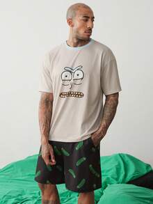 Rick and Morty X SHEIN 男士夏季趣味卡通印花短袖T恤與短褲寬鬆休閒居家套裝 - 卡其色 - 查看 4