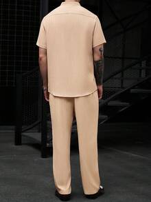 Manfinity Homme Manfinity CasualCool 男士休閒度假短袖襯衫套裝 夏季度假男裝度假穿搭 男士度假服裝 男士度假穿著 假日度假 - 卡其色 - 查看 2