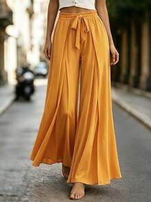 EMERY ROSE Pantalones largos de pierna ancha de unicolor para mujer en verano - Amarillo - Ver 3