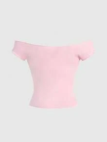 ROMWE Spring Summer Autumn Y2K Romantic Cute Sexy V-Neck Off-Shoulder Women's T-Shirt Top Tank Top Going Out Soft Pink - Pink - View 2