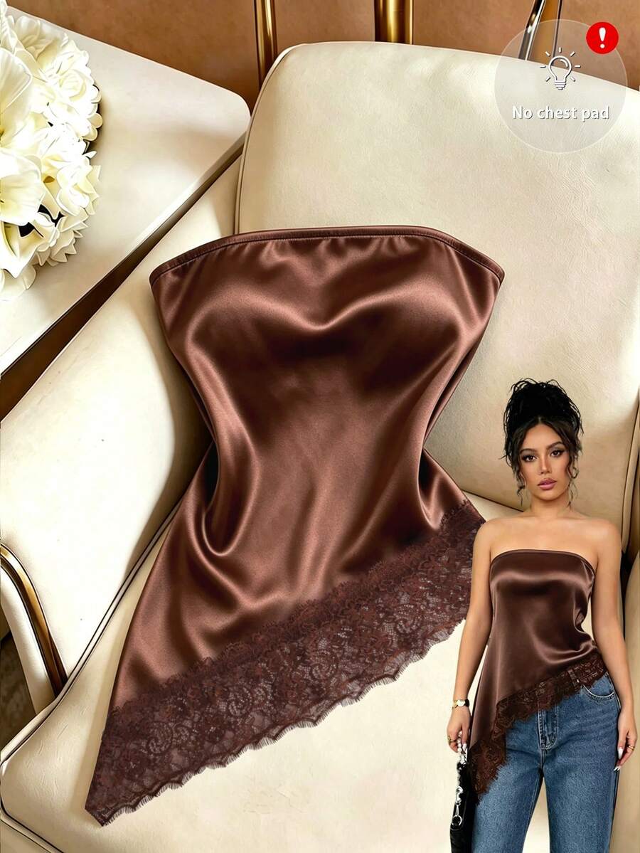Elenzga Women's Strapless Lace Asymmetrical Hem Coffee Brown Top, Summer Top, Casual Elegant Top For Daily Outings, Commuting, Dating, Parties, Versatile For Young Women, Suitable For Western Theme Cruises, Holiday Celebrations, Beach Vacations, Music Festivals, Bohemian Style Vacations, Back To School, Wedding Season, Teacher's Day, Mother's Day, All Seasons, Sexy Vacation Outfit For Beach Club, Beach Dinner And Other Occasions - Brown - View 1