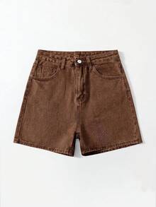 SHEIN EZwear 女款夏季休閒時尚街頭風日常通勤水洗牛仔短褲 - 棕色 - 查看 2