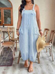 SHEIN CURVE+ Plus Size Women's Spring/Summer Elegant Fashion Commute Striped Pocket Drawstring Overall Jumpsuit - Blue and White - View 3