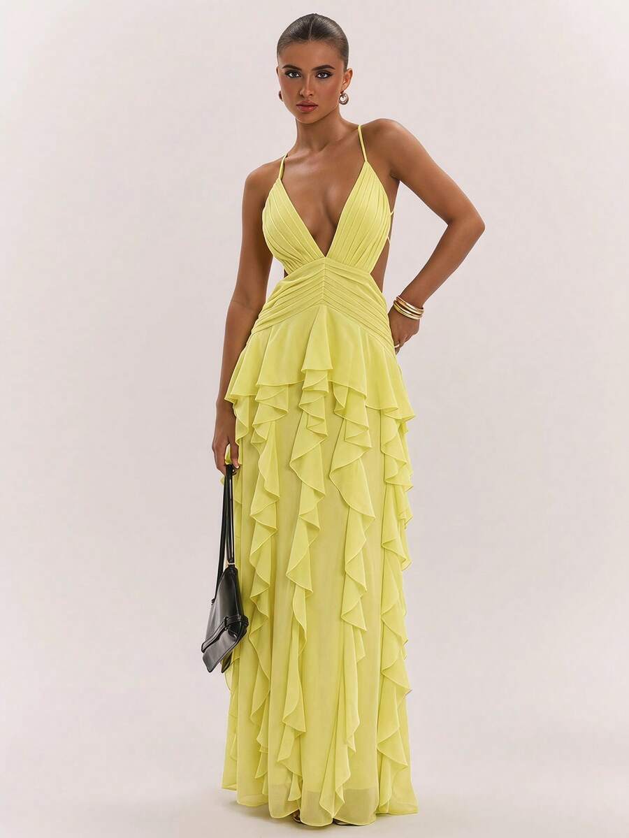 SHEIN BAE Đầm dạ hội màu vàng chiffon thanh lịch dành cho nữ, kiểu dáng hở lưng, buộc dây, xếp ly, vạt bất đối xứng, xẻ tà, thích hợp cho kỳ nghỉ biển, đám cưới trên biển, tiệc sinh nhật, váy cưới, váy hẹn hò lãng mạn, đầm dài chiffon sang trọng. - Vàng nhạt - Xem 1