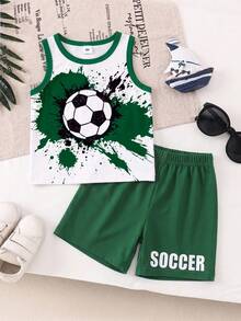 1 Set Young Boys Casual Simple Sports Outdoor Soccer Pattern Print Crew Neck Tank Top Paired With Letter Print Soccer Solid Color Shorts Suitable For Summer Outings - Multicolor - View 3