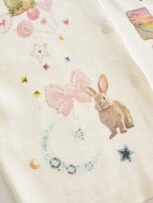 ROMWE Kawaii Women's Y2K Open Front Hooded Plush Patchwork Printed Knit Sweater, Cute And Fashionable - Beige - View 3