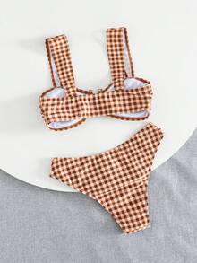 Swim Mod 女款新款圓點印花寬肩帶U領比基尼上衣與高衩比基尼泳褲性感夏季比基尼泳裝套裝 - 彩色 - 查看 3