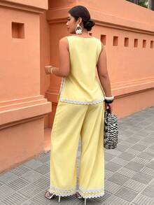 Weeklong Plus Size Women's Spring/Summer Sleeveless Long Pants Set With Contrast Trim And Side Slit, Casual Vacation Outfit, Fashionable Streetwear - Yellow - View 2