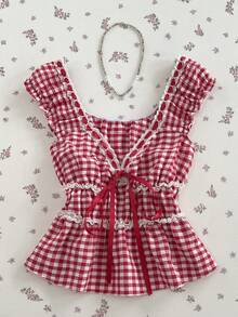 Elamini Summer Sweet Sexy Vacation Style Lace Trim Plaid Ruffle Short Fitted Short Sleeve Shirt - Red - View 6