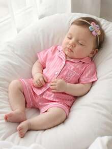 SHEIN 2pcs/Set Baby Girl Pajamas With Exquisite Embroidered Pattern, Matching Satin Trim - Pink - View 8