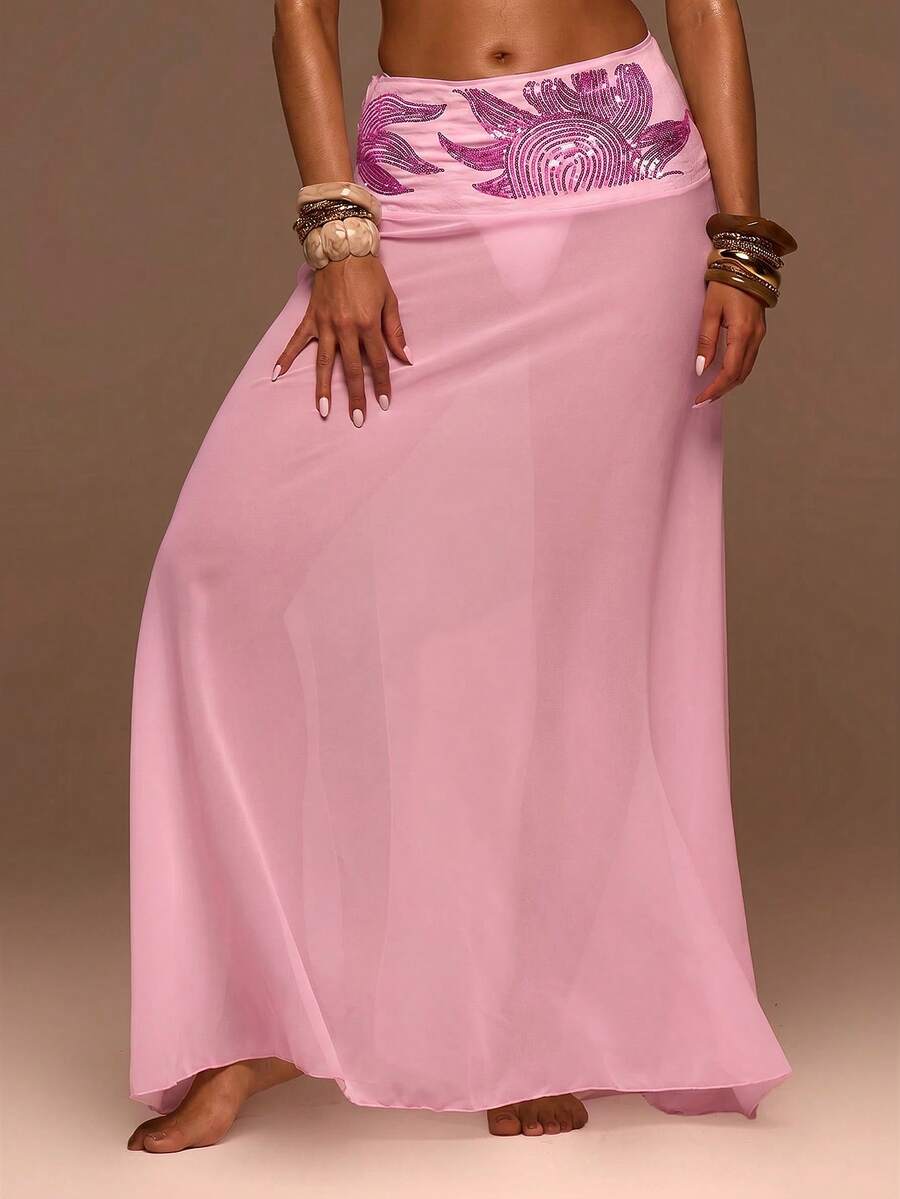 Musera Resort Sequin Sun Embroiderd Waistband Chiffon Maxi Skirt Cover Up Summer Swim Beach Party Vacation Sexy Tropical Cute Boho Travel Sunspell Pink - Pink - View 1