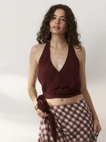 Aralina Satin Halter Neck Draped Wrap Tie Side Sexy Vacation Going Out Date Night Night Out Elegant Tops Burgundy Summer - Burgundy - View 8