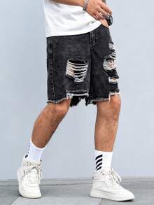 Manfinity LEGND Loose Men Cotton Ladder Distressed Denim Shorts - Black - View 4