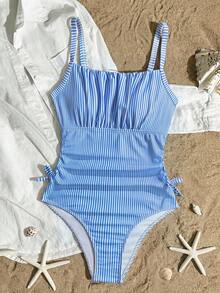 SHEIN Tween Girl Blue & White Striped Print Ruched Bust One-Piece Swimsuit - Blue and White - View 3