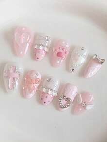 ROMWE Kawaii 10 Pcs Cute Pink Rhinestone Cross Nails+ 3 Pieces Of Double-Sided Tape, High-Quality Hand-Painted Almond-Shaped False Nails, Suitable For Daily Wear. - Pink - View 2