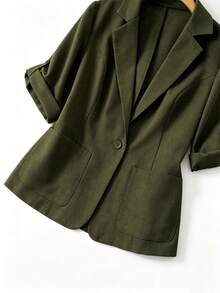 Elenzga Plus Size Women Casual Fashion Lapel Pocket Cuff Hem Thin Blazer Jacket Fall - Army Green - View 4