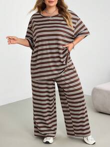 SHEIN CURVE+ Plus Size Women's Striped Short Sleeve Top And Wide Leg Pants Casual 2 Pieces Set - Multicolor - View 6