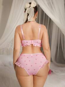 DelicateAllure 2pcs Set Plus Size Underwear With Molded Cup, Underwire, Mesh Inset, Ruffle Trim, Bow Accent, Lift & Enhance, Bow & Stripe Pattern - Pink - View 2