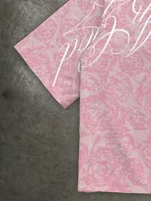 Manfinity ZONE917 Boxy Cropped Casual Fashion Distressed Pink Rose Pattern Calligraphy English Print Short Shirt - Multicolor - View 4