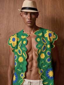 AKNOTIC Green Yellow Striped Collared Short Sleeve Casual Cardigan Crochet Football WorldCup 2026 Brazil Auri-Verde Vacation Fan Home Away Jersey Daily Gift - Multicolor - View 3