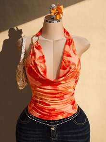 SHEIN ICON Plus Size Floral Print Ruffle Neck Backless Halter Top Beach Vacation Orange Summer - Orange - View 1