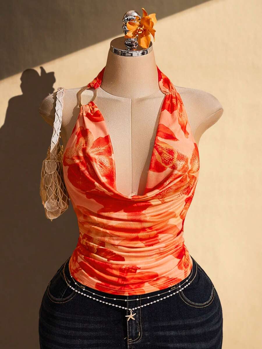 SHEIN ICON Plus Size Floral Print Ruffle Neck Backless Halter Top Beach Vacation Orange Summer - Orange - View 1