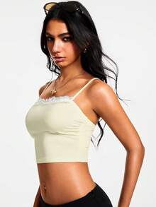 Nooralise Cropped de Renda Feminino, Regata Amarelo Creme, Encontros Românticos, Passeios Casuais, Top Versátil de Verão, Adequada para Cruzeiros, Festivais, Férias na Praia, Festivais de Música, Estilo Boho, Volta às Aulas, Páscoa, Casamentos, Dia da Independência, Festas de Rock - Amarelo - Visão 6
