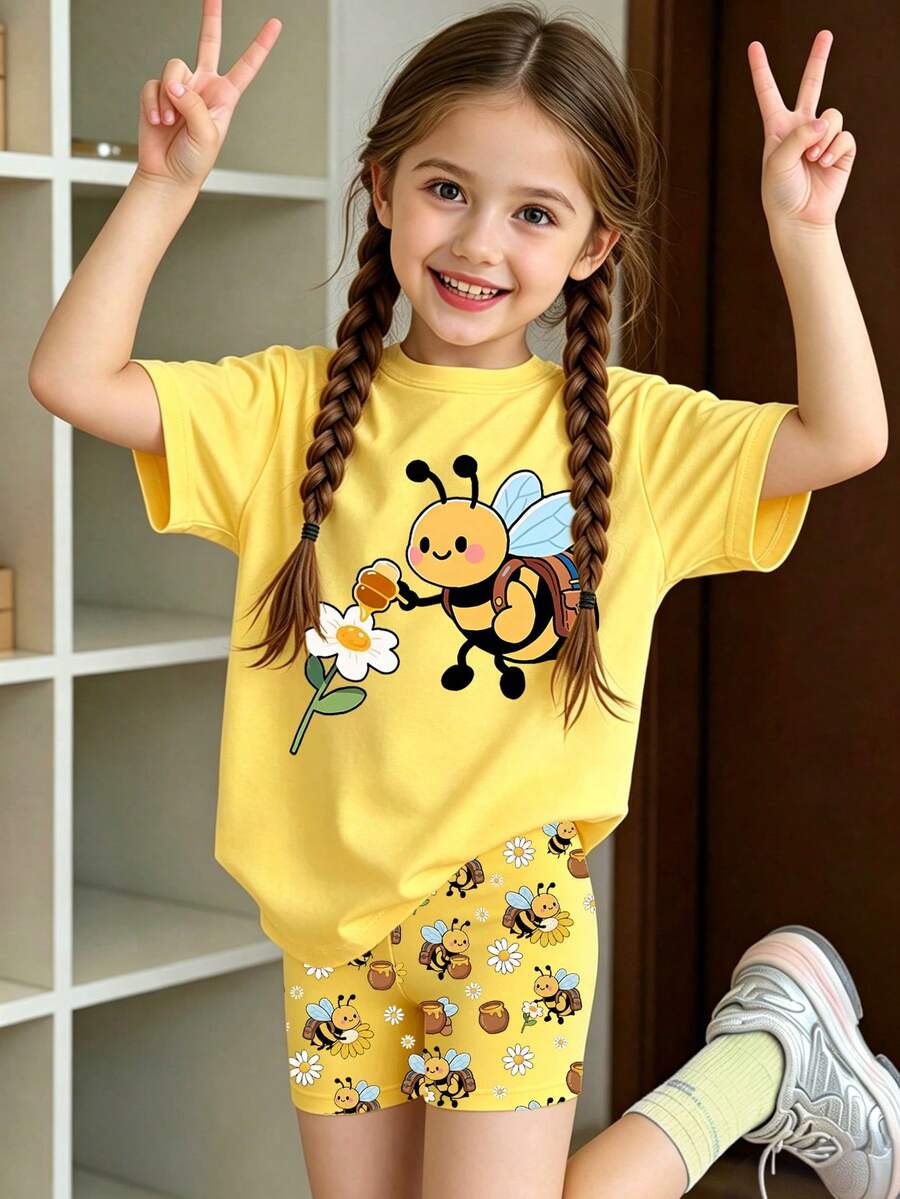 Set med kort T-shirt och cykelbyxor för små flickor, fräsch och söt design med tecknad ryggsäck, bi, blomma och burkmönster, somrig vardags- och sportoutfit - Multifärgad - Visa 1