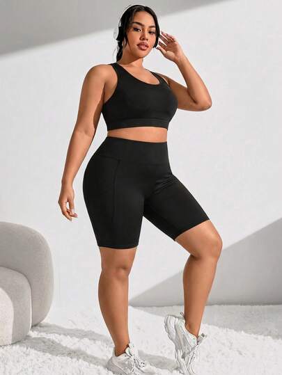 SHEIN Rhythm Era Plus-Size Backless Wide-Belted Cycling Shorts Set With Phone Pocket, Women's Fitness Wear.