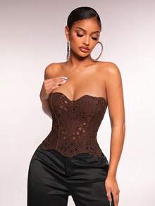 Radiana Plus Size Women's Lace Sexy Slim Fit Bandeau Top - Brown - View 5