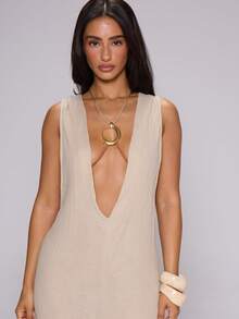 MUSERA Deep Plunge V Front Cutout Sides Loose Flowy Fit Wide Straight Leg Jumpsuit Summer Spring Holiday Vacation Beach Ibiza Evening Sexy Going Out Muse - Apricot - View 2