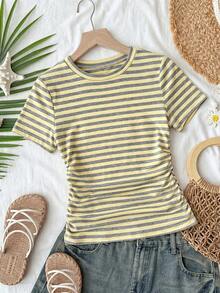 Travachic Blusa de mujer de cuello redondo, manga corta raglán, ajustada, con pliegues y rayas, para verano - Multicolor - Ver 3
