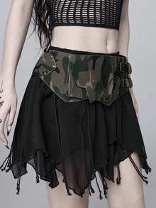 ROMWE Grunge Punk Y2K 龐克風黑色金屬鉚釘氣體眼多口袋可調節金屬扣女款腰包 - 迷彩色 - 查看 4