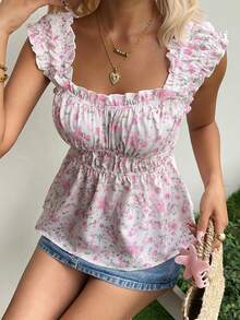 INAWLY Casual Sleeveless Sweet Ditsy Floral Tank Top - Pink - View 4