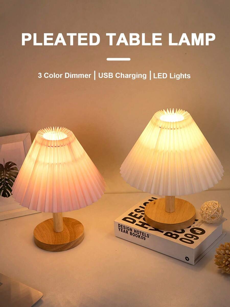 1PC USB Three-Color Dimmable Pleated Table Lamp, Creative & Minimalistic Modern Night Light For Bedside, Romantic And Warm - White - View 1