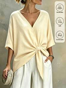 SHEIN Holidaya 女款素色蝙蝠袖腰部打結休閒襯衫 - 淡黃色 - 查看 1