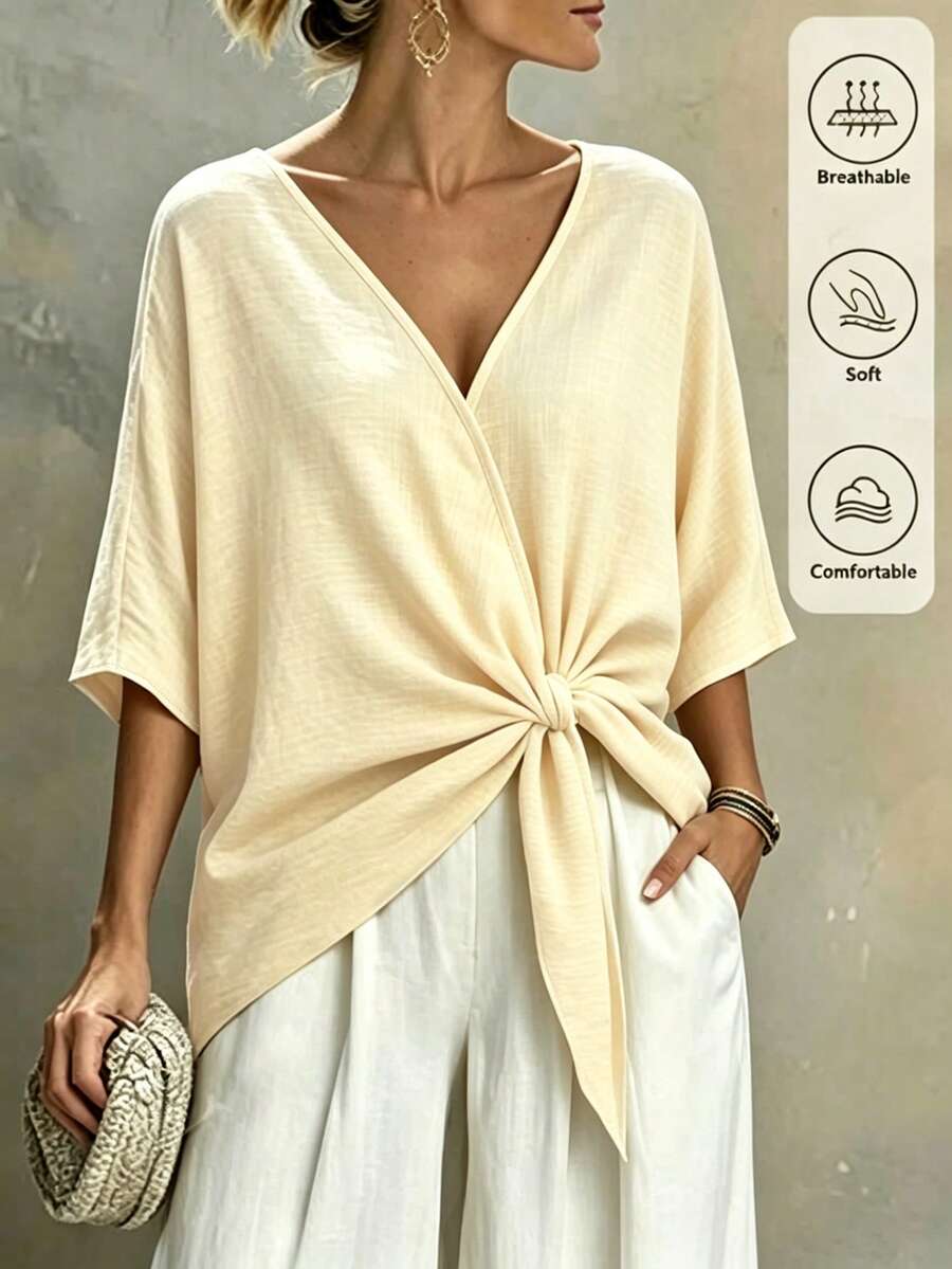 SHEIN Holidaya 女款素色蝙蝠袖腰部打結休閒襯衫 - 淡黃色 - 查看 1