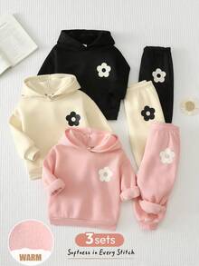 Cozy Pixies 女嬰 T-shirt 套裝 針織女嬰秋冬款 可愛純色米色粉色黑色可愛花卉圖案連帽衛衣彈性腰長褲 6件套買1送3適用秋冬基礎款舒適可愛 - 彩色 - 查看 9