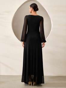 Graceveil Black Embroidered Contrast Mesh Elegant Fashionable Evening Ball Gown Long Dress For Women - Black - View 3
