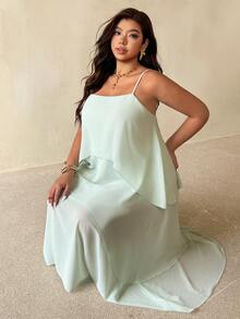 Auralis Mint Green Plus Size Top Long Tiered Cake Dress With Asymmetric Hem, Multi-Layered Chiffon, Flowy And Romantic, Perfect For A Beach Vacation. - Mint Green - View 7