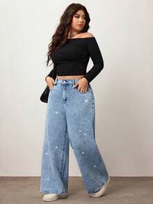 Enliva Jeans casuales de pierna ancha y sueltos con bolsillos de strass para mujer talla grande, para Body con forma de manzana y redondeado, para otoño - Azul lavado oscuro - Ver 4