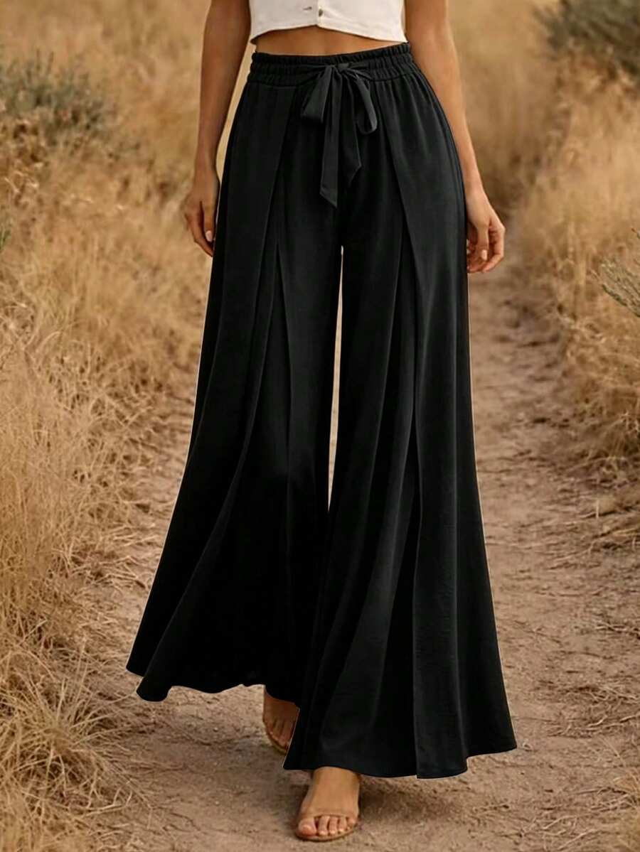 EMERY ROSE Pantalones largos de pierna ancha con pliegues y cordón ajustable para uso diario casual de mujer - Negro - Ver 1