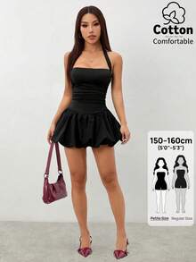 SHEIN PETITE 2026年女款春夏度假系列：新款黑色繫帶露背純色簡約休閒氣球裙，適合居家、外出、海灘、時尚造型、休閒穿著、通勤、度假、浪漫場合及日常穿搭，搭配選擇多樣。適合日常穿著、休閒穿搭、度假、郵輪旅行、海灘、曬日光浴、熱銷款、街頭風、婚禮賓客服裝、波希米亞風、通勤、早午餐及機場穿搭。 - 黑色 - 查看 8