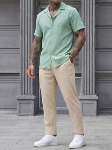 Manfinity CasualCool Men's Solid Color Simple Short Sleeve Shirt And Shorts Set For Daily Wear Mint Green Men Outfit Two Pieces Summer Stripe Button Up Set... - Multicolor - View 4