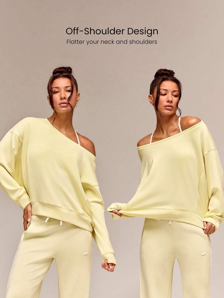GLOWMODE Modal Soft Oversized Off-Shoulder Sweatshirt Daily Casual  Spring Summer - French Vanilla - View 3