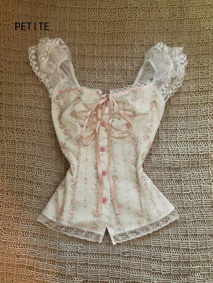 SHEIN PETITE 復古甜美花卉圖案蕾絲飾邊修身女式襯衫 - 白色 - 查看 1