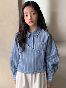 DAZY 青少年女孩秋季服飾 青少年女孩翻領梭織條紋長袖襯衫 - 藍色 - 查看 5