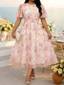 Fleurora Vestido casual de manga corta con cuello redondo y estampado floral para mujer talla grande, atuendo de verano para festival, elegante para invitada de boda y noche, rosa floral - Multicolor - Ver 7